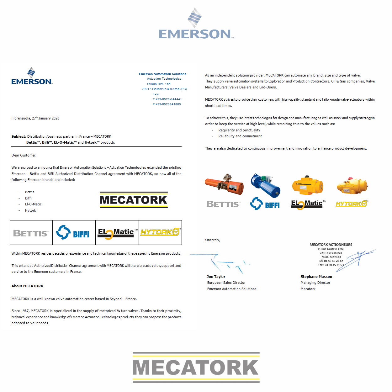 Distribution/business partner Emerson / Mecatork